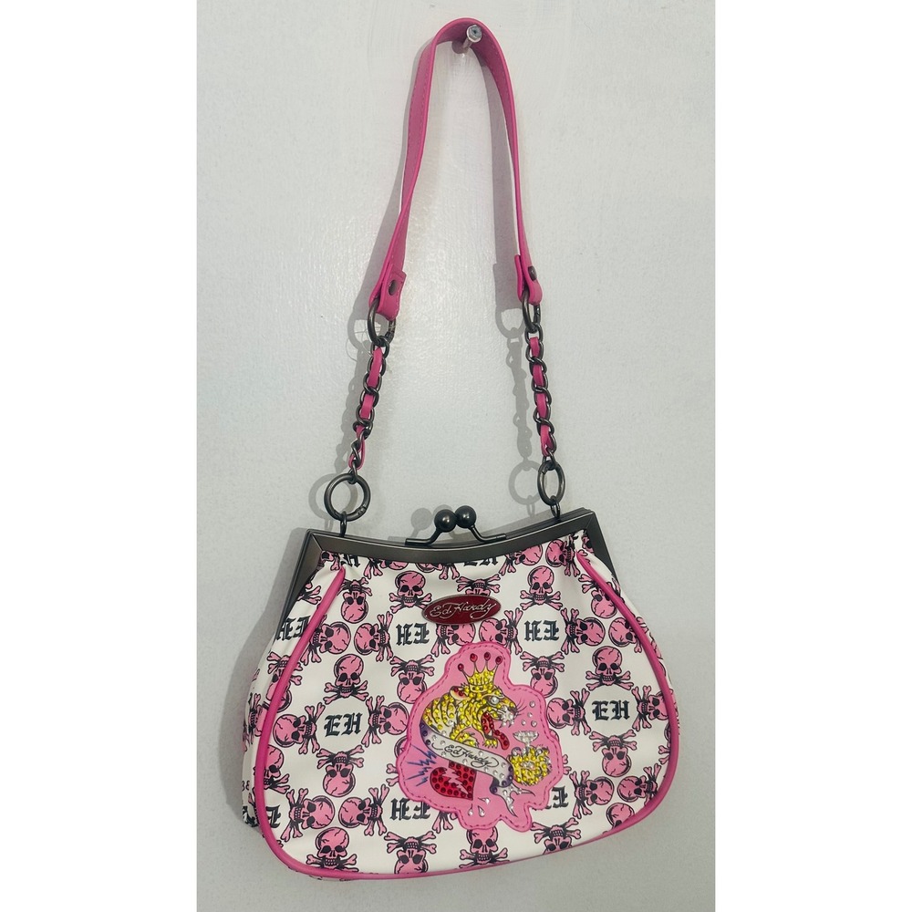 Ed Hardy Pink Skull Tiger Rhinestone McBling Shoulder Bag Y2K Tattoo Kiss Lock